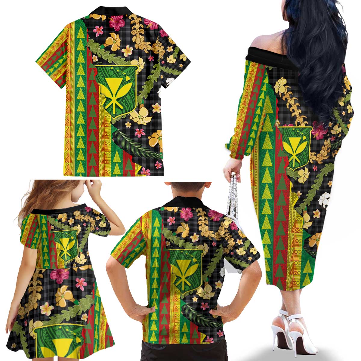 Hawaiian Tropical Plants Lei Family Matching Off The Shoulder Long Sleeve Dress and Hawaiian Shirt Kanaka Maoli Tribal with Palaka Motifs - Polynesian Pride