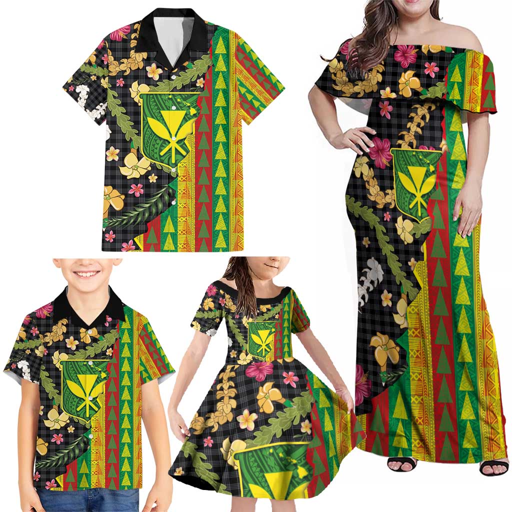 Hawaiian Tropical Plants Lei Family Matching Off Shoulder Maxi Dress and Hawaiian Shirt Kanaka Maoli Tribal with Palaka Motifs - Polynesian Pride