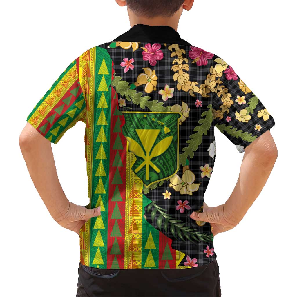 Hawaiian Tropical Plants Lei Family Matching Off Shoulder Short Dress and Hawaiian Shirt Kanaka Maoli Tribal with Palaka Motifs - Polynesian Pride