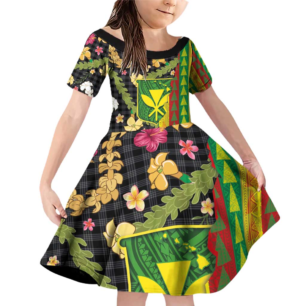 Hawaiian Tropical Plants Lei Family Matching Off Shoulder Short Dress and Hawaiian Shirt Kanaka Maoli Tribal with Palaka Motifs - Polynesian Pride