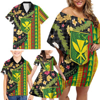 Hawaiian Tropical Plants Lei Family Matching Off Shoulder Short Dress and Hawaiian Shirt Kanaka Maoli Tribal with Palaka Motifs - Polynesian Pride