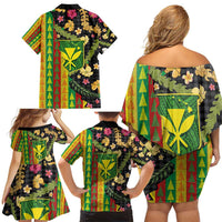 Hawaiian Tropical Plants Lei Family Matching Off Shoulder Short Dress and Hawaiian Shirt Kanaka Maoli Tribal with Palaka Motifs - Polynesian Pride