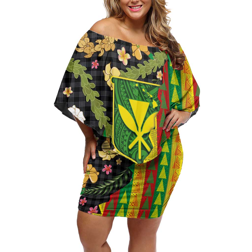 Hawaiian Tropical Plants Lei Family Matching Off Shoulder Short Dress and Hawaiian Shirt Kanaka Maoli Tribal with Palaka Motifs - Polynesian Pride