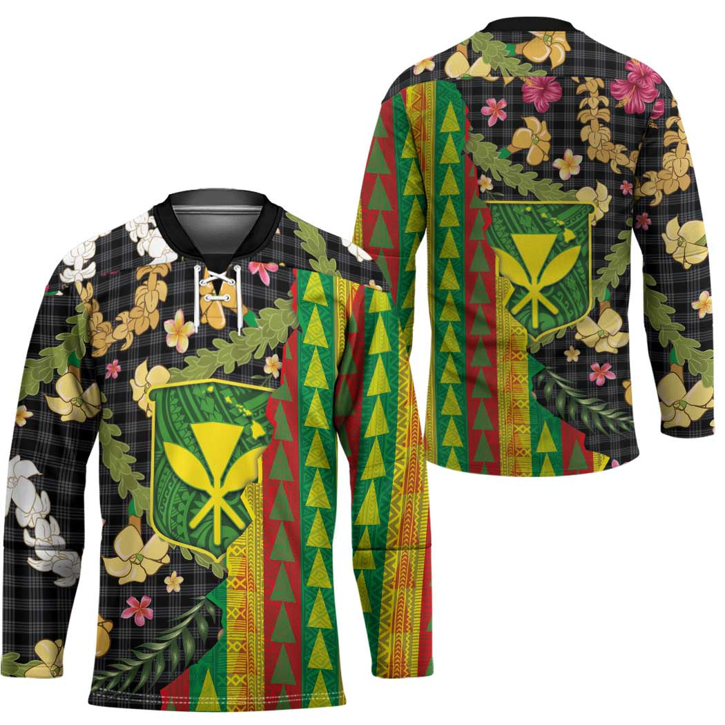 Hawaiian Tropical Plants Lei Hockey Jersey Kanaka Maoli Tribal with Palaka Motifs - Polynesian Pride