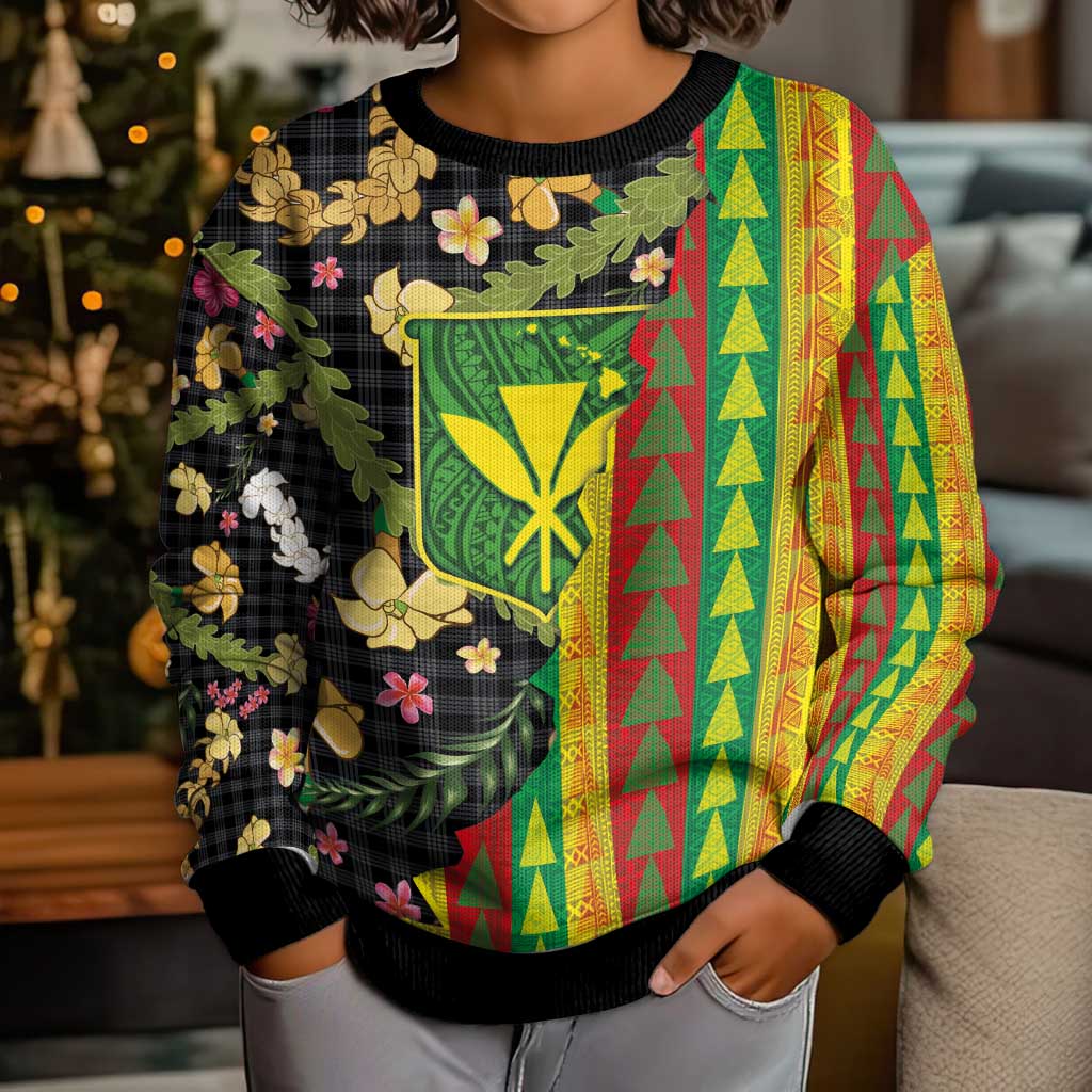 Hawaiian Tropical Plants Lei Kid Ugly Christmas Sweater Kanaka Maoli Tribal with Palaka Motifs - Polynesian Pride