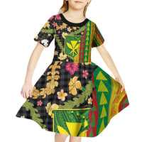 Hawaiian Tropical Plants Lei Kid Short Sleeve Dress Kanaka Maoli Tribal with Palaka Motifs - Polynesian Pride
