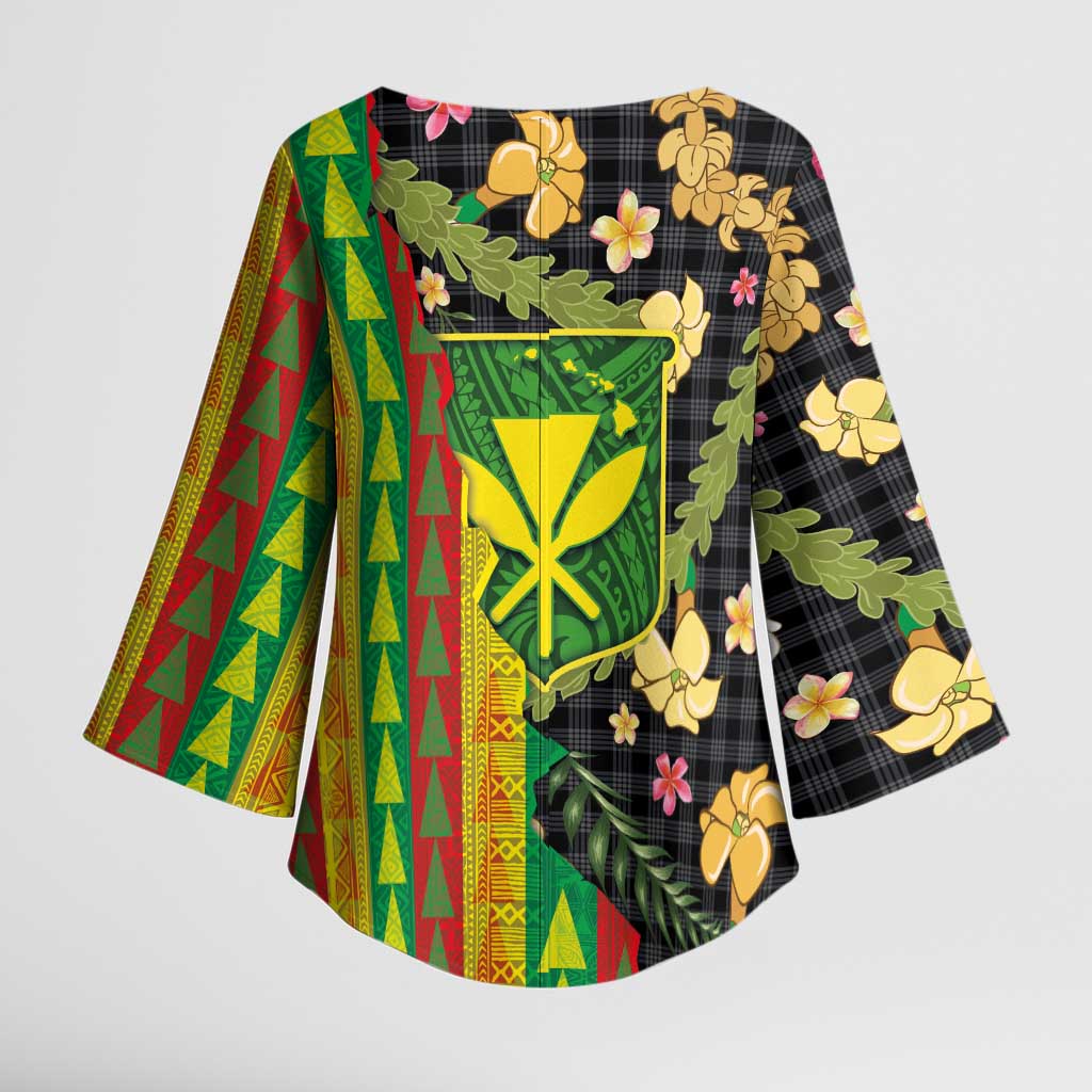 Hawaiian Tropical Plants Lei Kimono Sleeve Blouse Kanaka Maoli Tribal with Palaka Motifs - Polynesian Pride