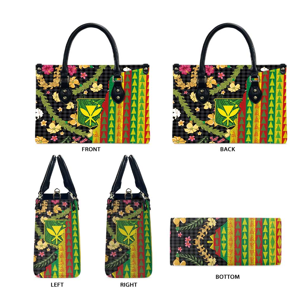 Hawaiian Tropical Plants Lei Leather Bag Kanaka Maoli Tribal with Palaka Motifs - Polynesian Pride