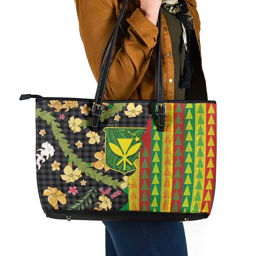 Hawaiian Tropical Plants Lei Leather Tote Bag Kanaka Maoli Tribal with Palaka Motifs - Polynesian Pride