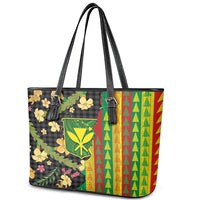 Hawaiian Tropical Plants Lei Leather Tote Bag Kanaka Maoli Tribal with Palaka Motifs - Polynesian Pride