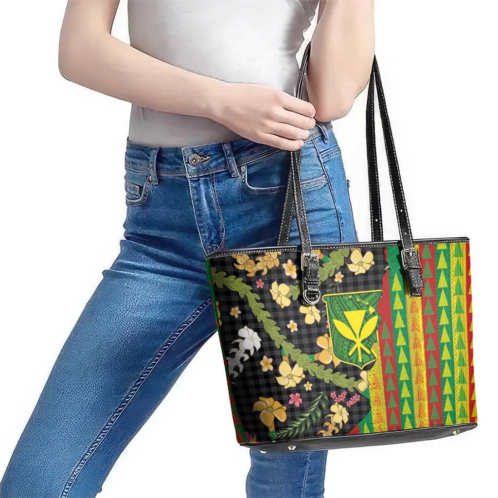 Hawaiian Tropical Plants Lei Leather Tote Bag Kanaka Maoli Tribal with Palaka Motifs - Polynesian Pride