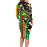 Hawaiian Tropical Plants Lei Long Sleeve Bodycon Dress Kanaka Maoli Tribal with Palaka Motifs - Polynesian Pride
