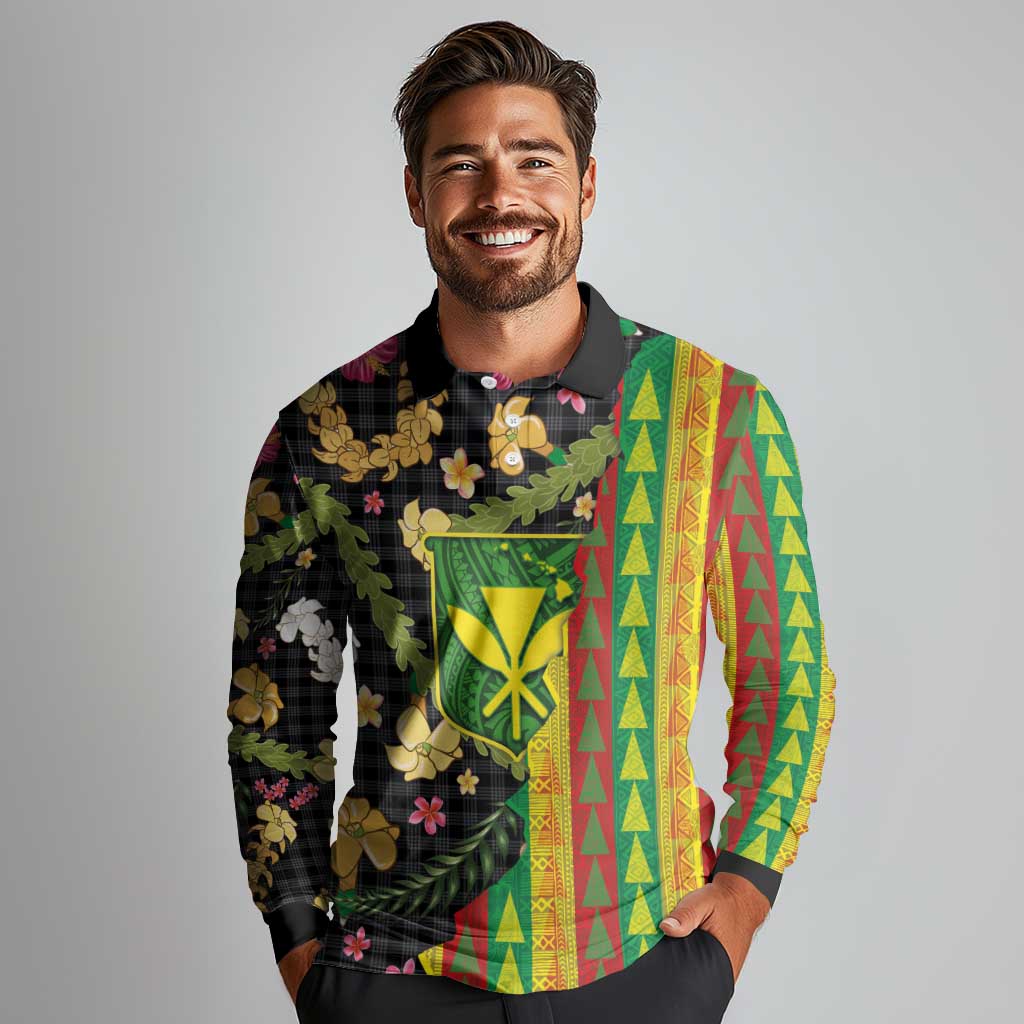 Hawaiian Tropical Plants Lei Long Sleeve Polo Shirt Kanaka Maoli Tribal with Palaka Motifs - Polynesian Pride