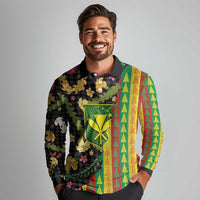 Hawaiian Tropical Plants Lei Long Sleeve Polo Shirt Kanaka Maoli Tribal with Palaka Motifs - Polynesian Pride