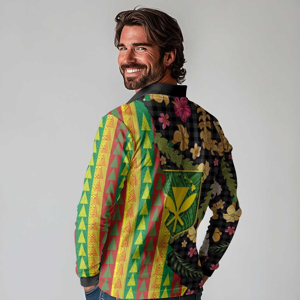 Hawaiian Tropical Plants Lei Long Sleeve Polo Shirt Kanaka Maoli Tribal with Palaka Motifs - Polynesian Pride