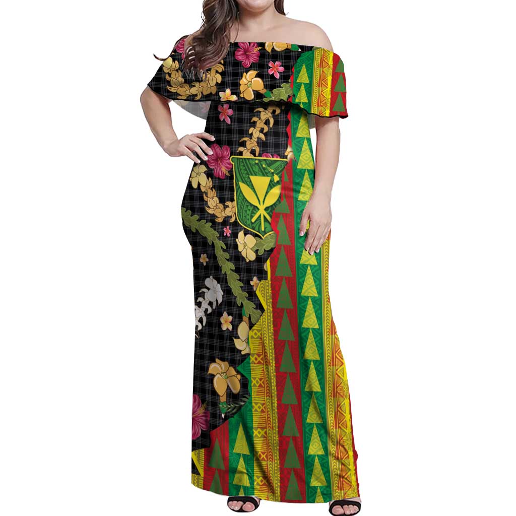 Hawaiian Tropical Plants Lei Off Shoulder Maxi Dress Kanaka Maoli Tribal with Palaka Motifs - Polynesian Pride