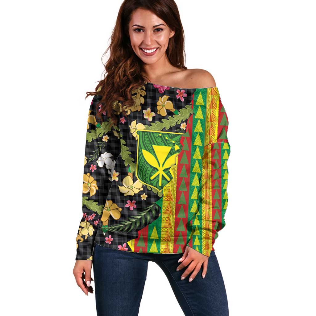 Hawaiian Tropical Plants Lei Off Shoulder Sweater Kanaka Maoli Tribal with Palaka Motifs LT03 Women Multicolor - Polynesian Pride