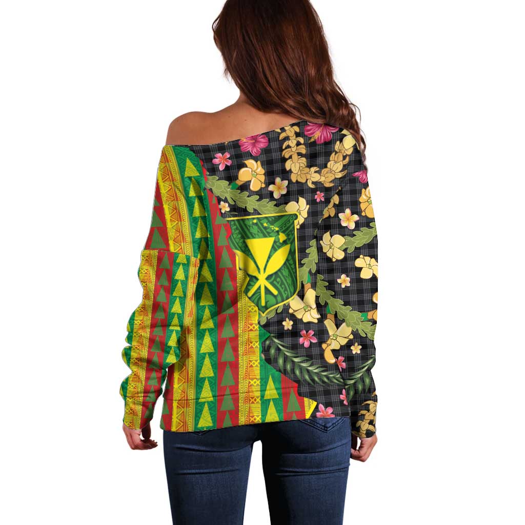 Hawaiian Tropical Plants Lei Off Shoulder Sweater Kanaka Maoli Tribal with Palaka Motifs LT03 - Polynesian Pride