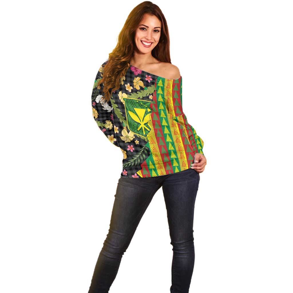 Hawaiian Tropical Plants Lei Off Shoulder Sweater Kanaka Maoli Tribal with Palaka Motifs LT03 - Polynesian Pride