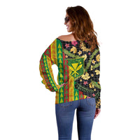 Hawaiian Tropical Plants Lei Off Shoulder Sweater Kanaka Maoli Tribal with Palaka Motifs LT03 - Polynesian Pride
