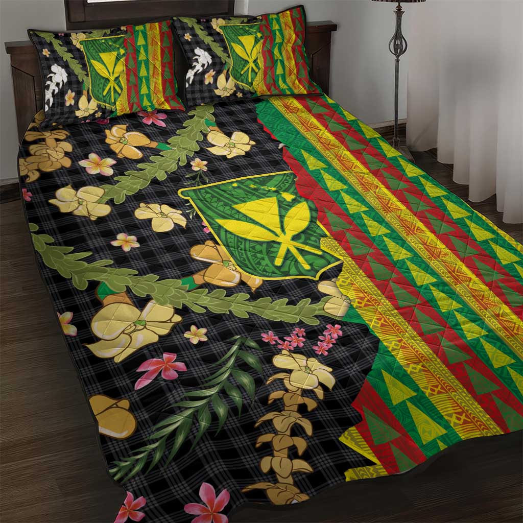 Hawaiian Tropical Plants Lei Quilt Bed Set Kanaka Maoli Tribal with Palaka Motifs - Polynesian Pride