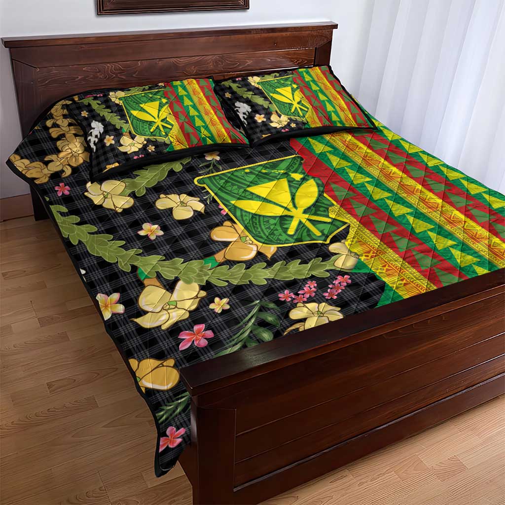 Hawaiian Tropical Plants Lei Quilt Bed Set Kanaka Maoli Tribal with Palaka Motifs - Polynesian Pride