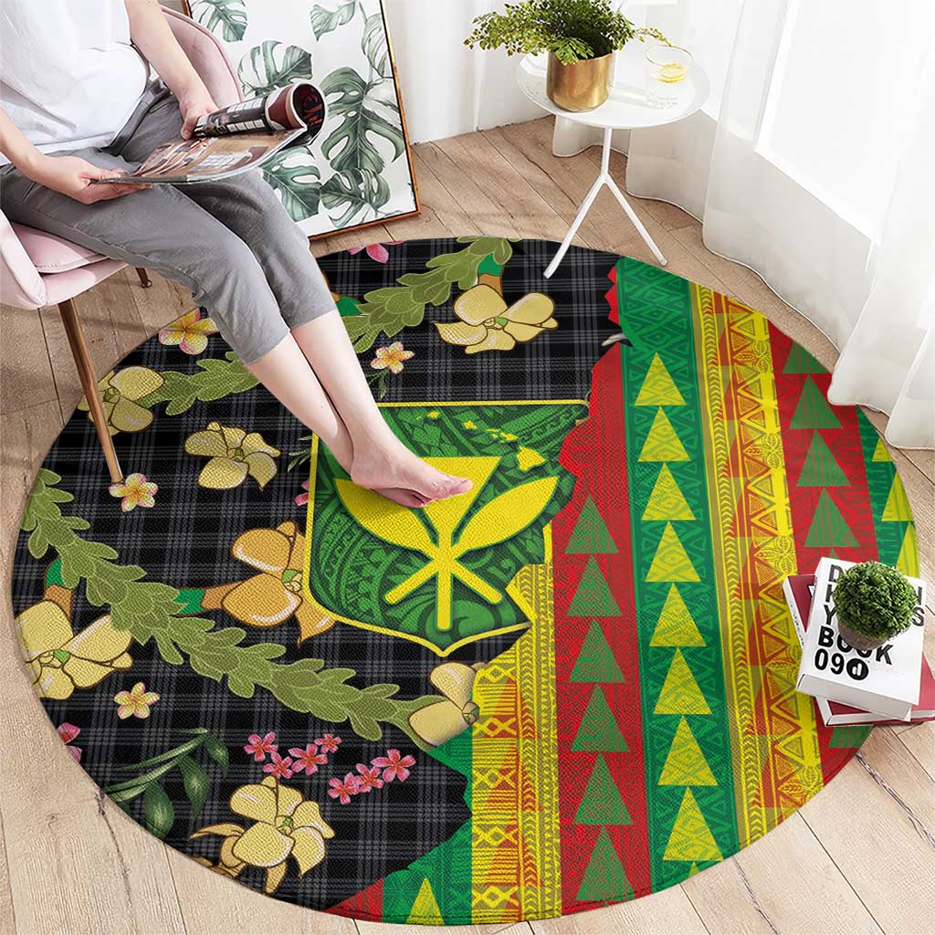 Hawaiian Tropical Plants Lei Round Carpet Kanaka Maoli Tribal with Palaka Motifs - Polynesian Pride