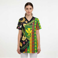Hawaiian Tropical Plants Lei Scrub Top Kanaka Maoli Tribal with Palaka Motifs - Polynesian Pride