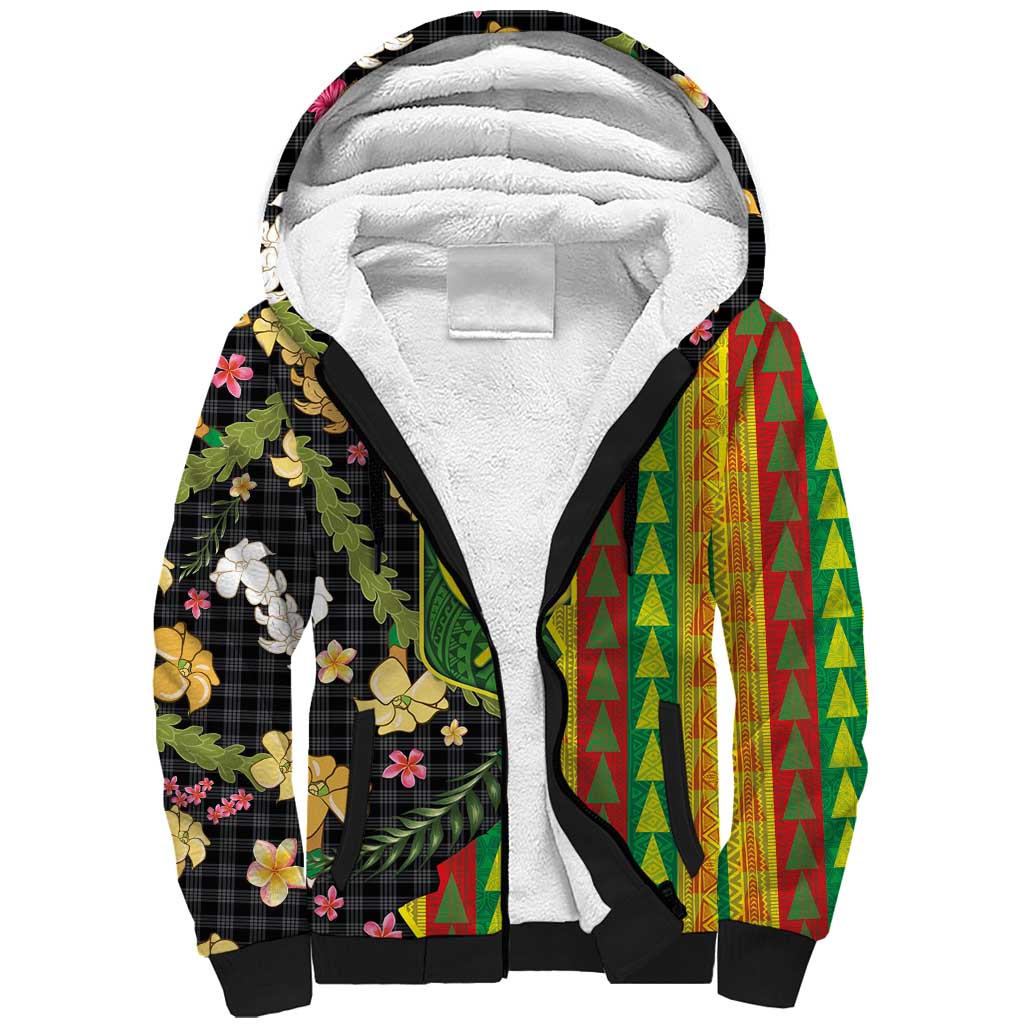 Hawaiian Tropical Plants Lei Sherpa Hoodie Kanaka Maoli Tribal with Palaka Motifs - Polynesian Pride