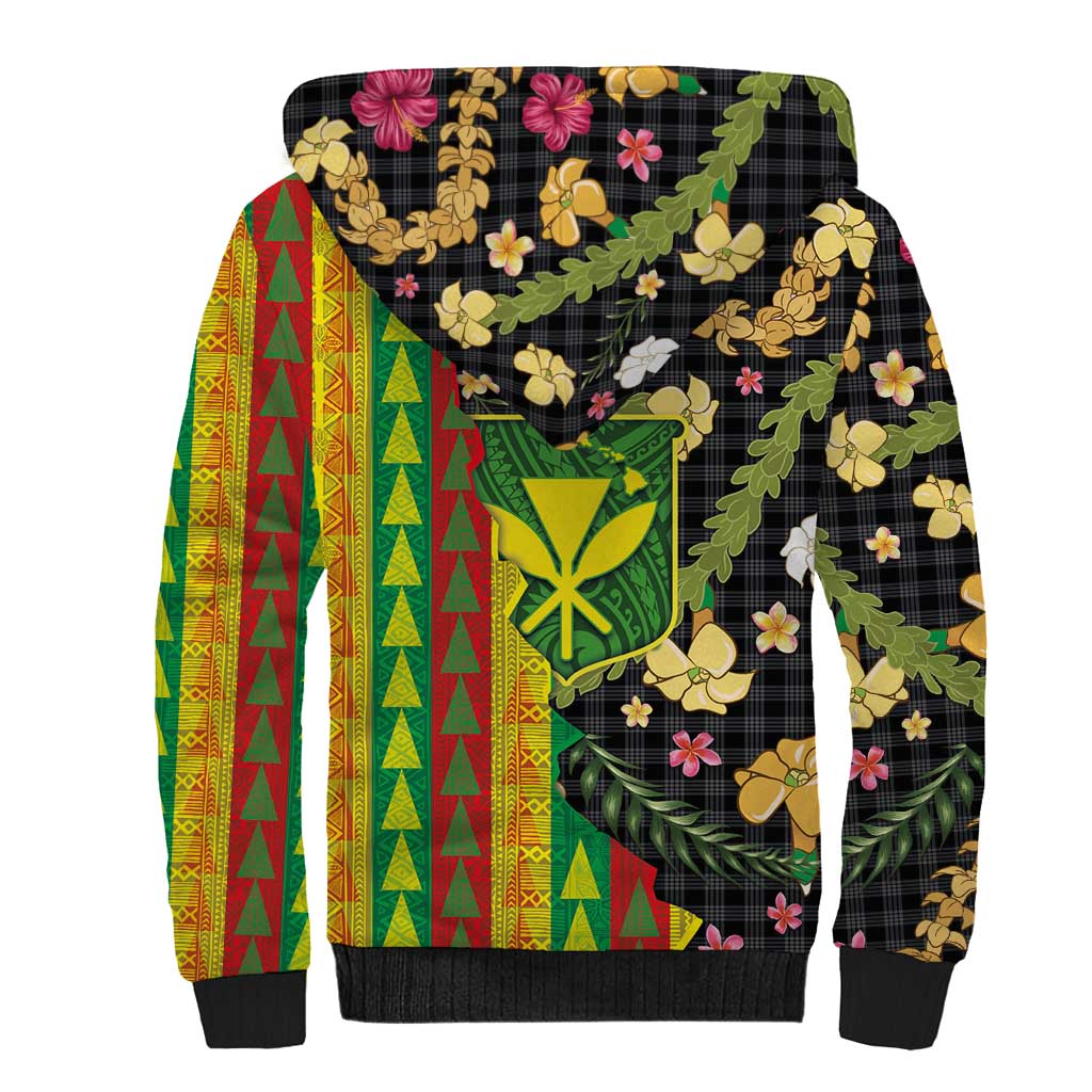 Hawaiian Tropical Plants Lei Sherpa Hoodie Kanaka Maoli Tribal with Palaka Motifs - Polynesian Pride