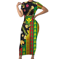 Hawaiian Tropical Plants Lei Short Sleeve Bodycon Dress Kanaka Maoli Tribal with Palaka Motifs - Polynesian Pride