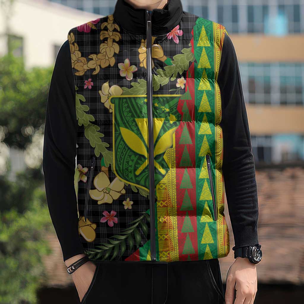 Hawaiian Tropical Plants Lei Sleeveless Puffer Jacket Kanaka Maoli Tribal with Palaka Motifs - Polynesian Pride
