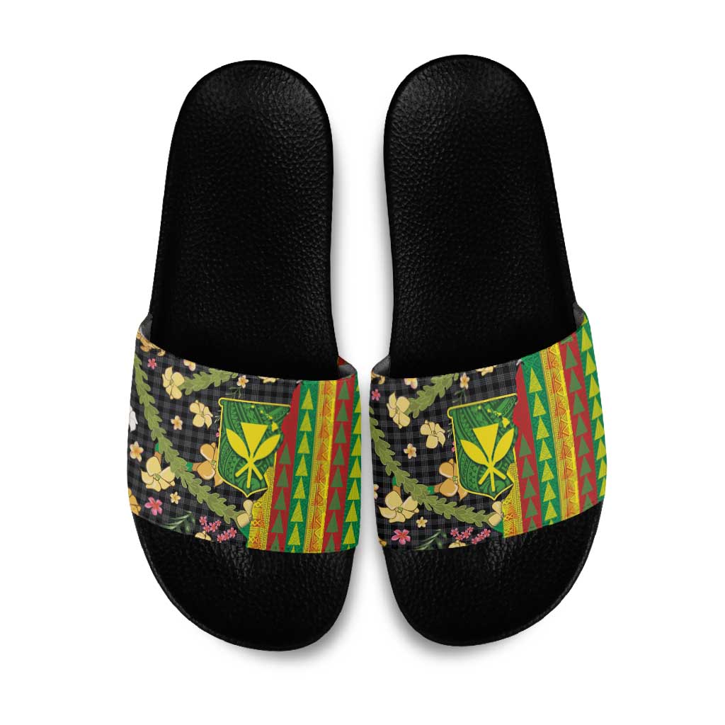 Hawaiian Tropical Plants Lei Slide Sandals Kanaka Maoli Tribal with Palaka Motifs - Polynesian Pride
