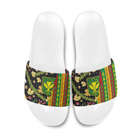 Hawaiian Tropical Plants Lei Slide Sandals Kanaka Maoli Tribal with Palaka Motifs - Polynesian Pride