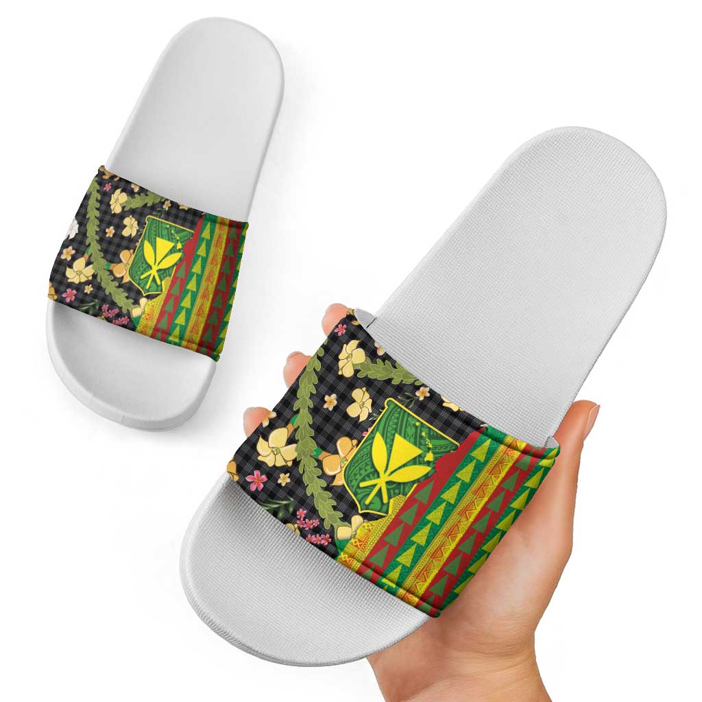 Hawaiian Tropical Plants Lei Slide Sandals Kanaka Maoli Tribal with Palaka Motifs - Polynesian Pride