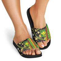 Hawaiian Tropical Plants Lei Slide Sandals Kanaka Maoli Tribal with Palaka Motifs - Polynesian Pride