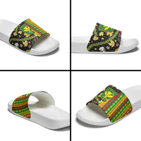 Hawaiian Tropical Plants Lei Slide Sandals Kanaka Maoli Tribal with Palaka Motifs - Polynesian Pride