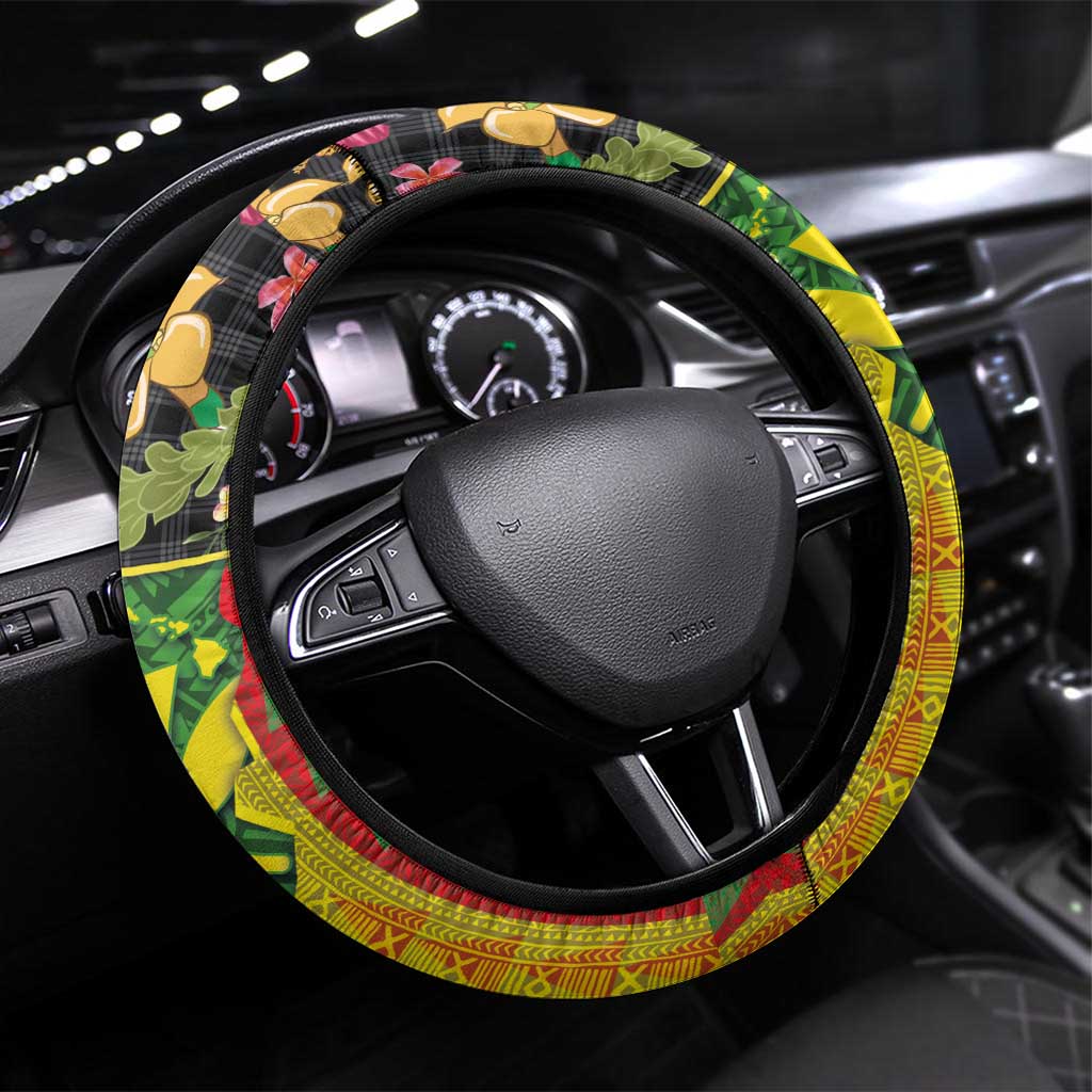 Hawaiian Tropical Plants Lei Steering Wheel Cover Kanaka Maoli Tribal with Palaka Motifs - Polynesian Pride