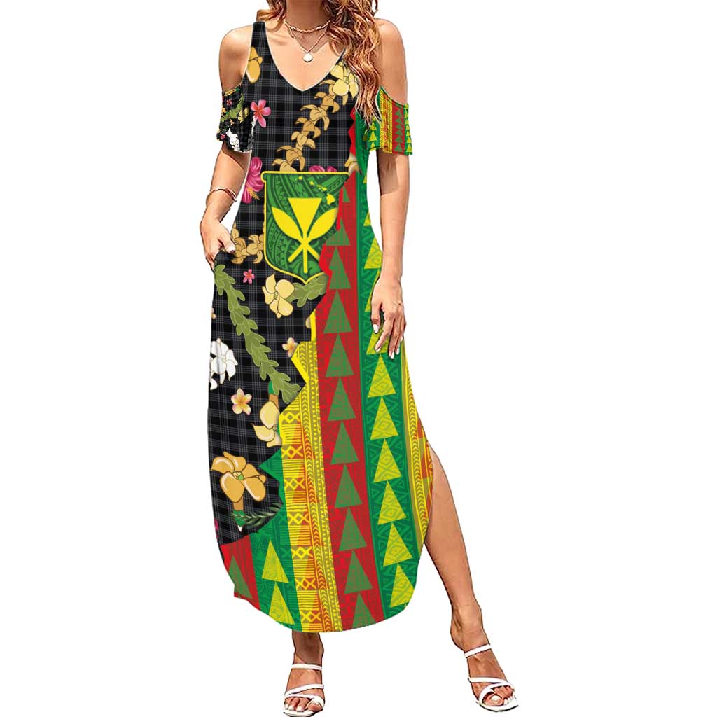 Hawaiian Tropical Plants Lei Summer Maxi Dress Kanaka Maoli Tribal with Palaka Motifs - Polynesian Pride