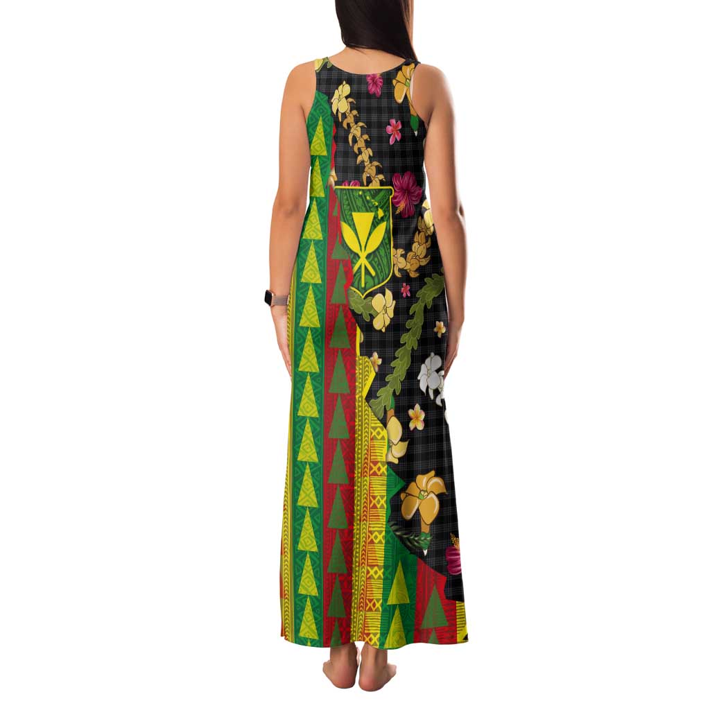 Hawaiian Tropical Plants Lei Tank Maxi Dress Kanaka Maoli Tribal with Palaka Motifs - Polynesian Pride