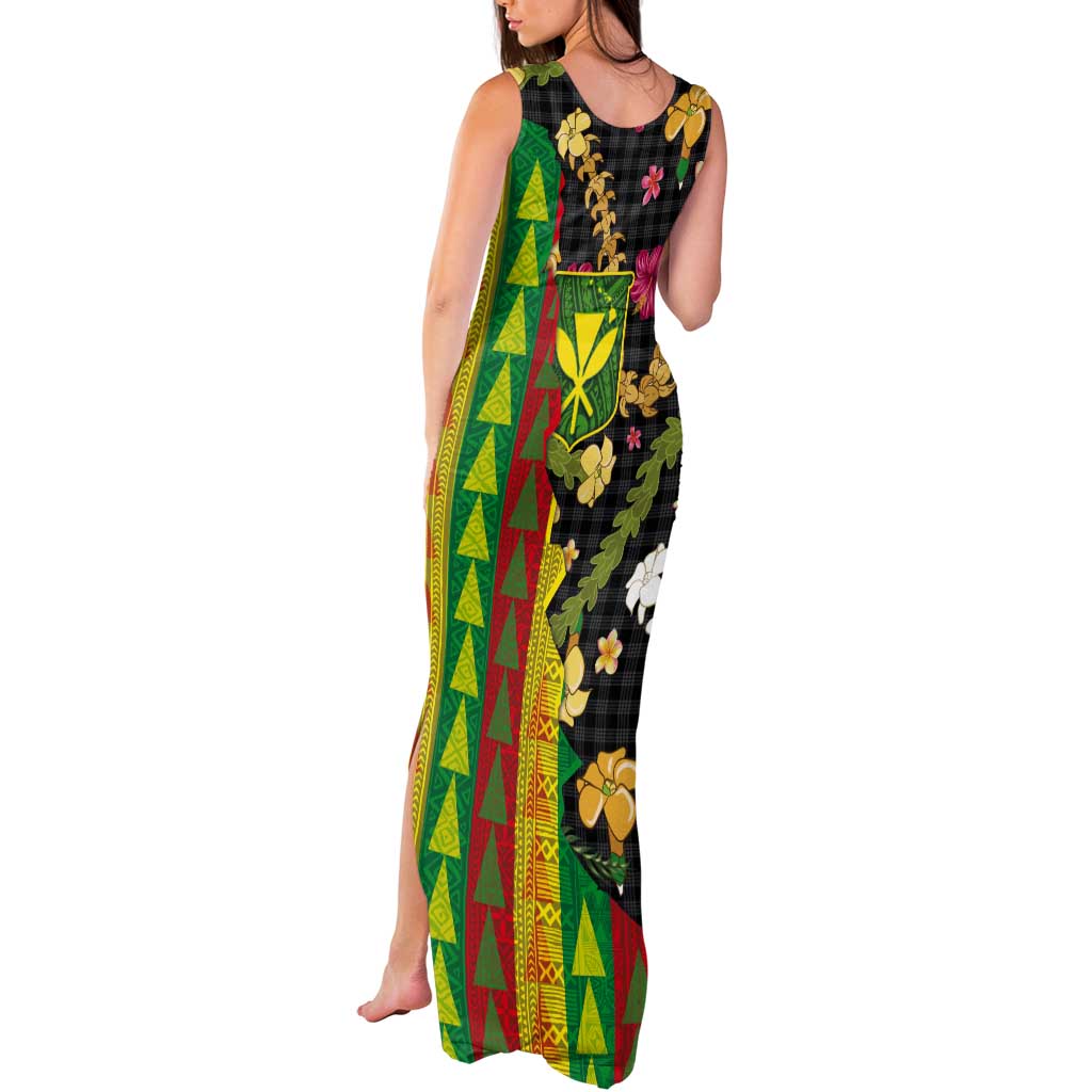 Hawaiian Tropical Plants Lei Tank Maxi Dress Kanaka Maoli Tribal with Palaka Motifs - Polynesian Pride