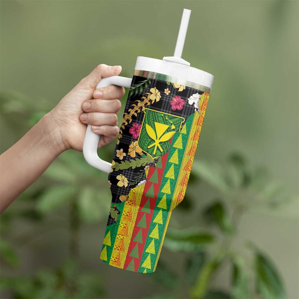 Hawaiian Tropical Plants Lei Tumbler With Handle Kanaka Maoli Tribal with Palaka Motifs - Polynesian Pride
