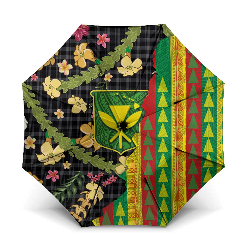 Hawaiian Tropical Plants Lei Umbrella Kanaka Maoli Tribal with Palaka Motifs - Polynesian Pride
