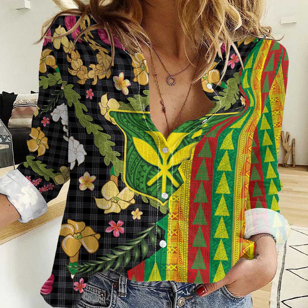 Hawaiian Tropical Plants Lei Women Casual Shirt Kanaka Maoli Tribal with Palaka Motifs - Polynesian Pride