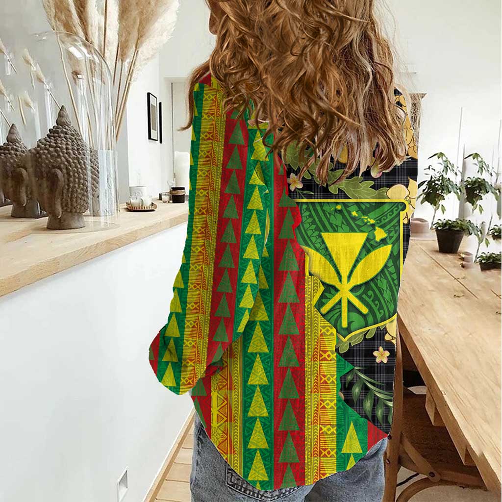 Hawaiian Tropical Plants Lei Women Casual Shirt Kanaka Maoli Tribal with Palaka Motifs - Polynesian Pride