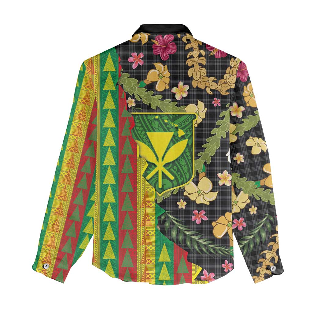 Hawaiian Tropical Plants Lei Women Casual Shirt Kanaka Maoli Tribal with Palaka Motifs - Polynesian Pride