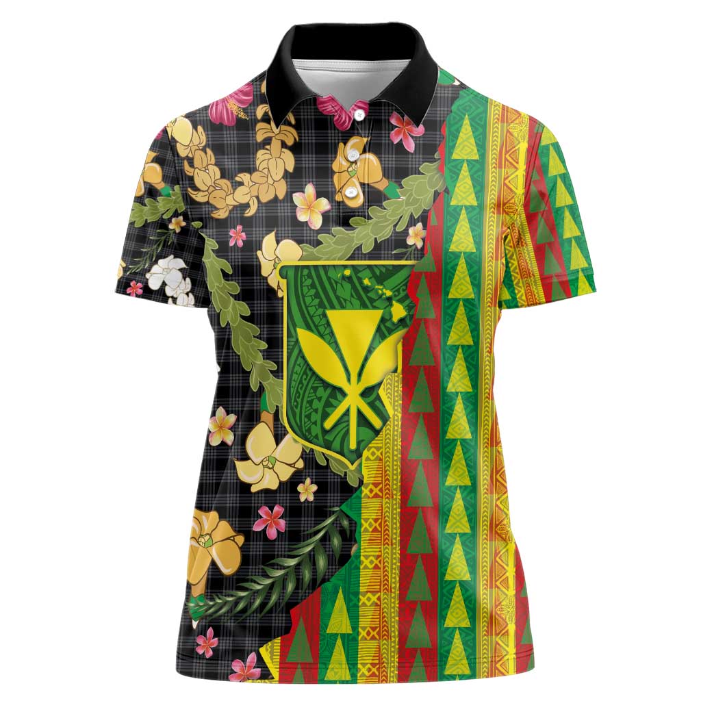 Hawaiian Tropical Plants Lei Women Polo Shirt Kanaka Maoli Tribal with Palaka Motifs - Polynesian Pride