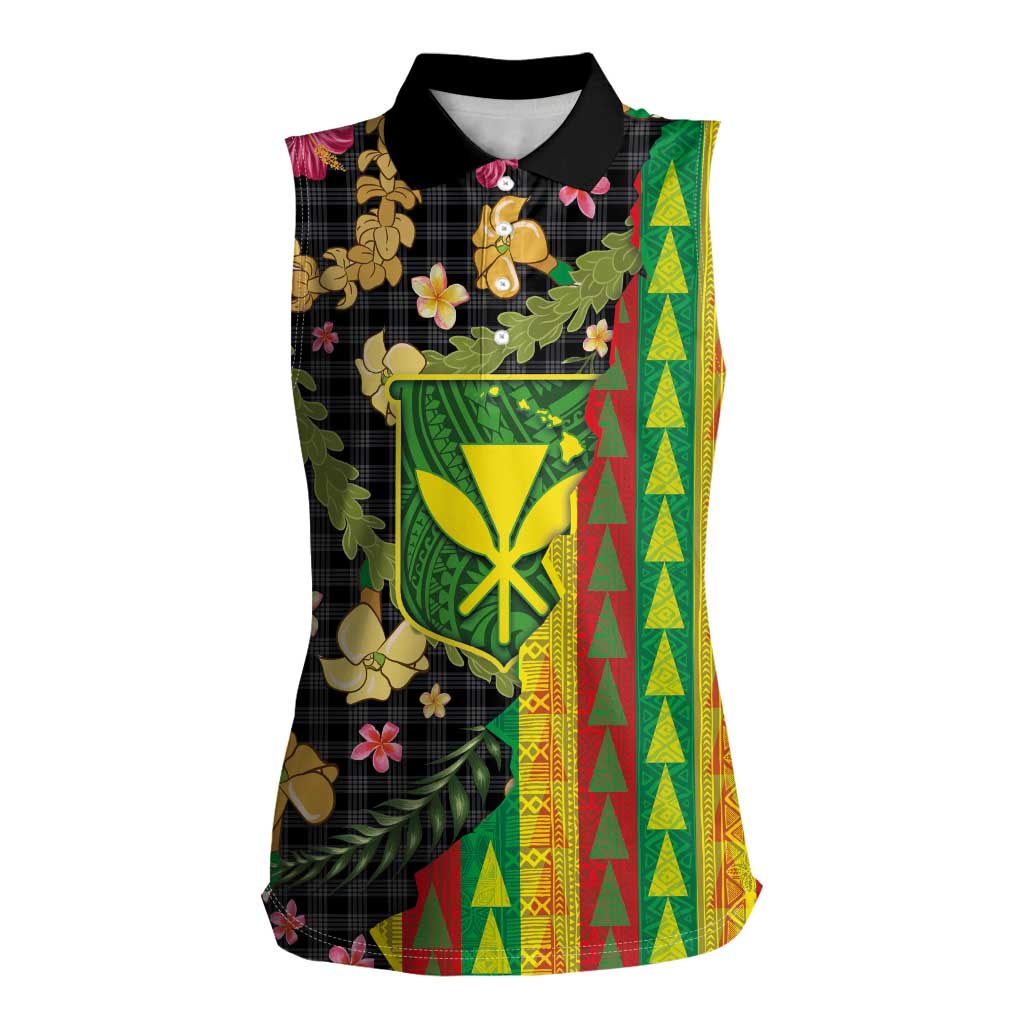 Hawaiian Tropical Plants Lei Women Sleeveless Polo Shirt Kanaka Maoli Tribal with Palaka Motifs - Polynesian Pride