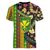 Hawaiian Tropical Plants Lei Women V-Neck T-Shirt Kanaka Maoli Tribal with Palaka Motifs - Polynesian Pride