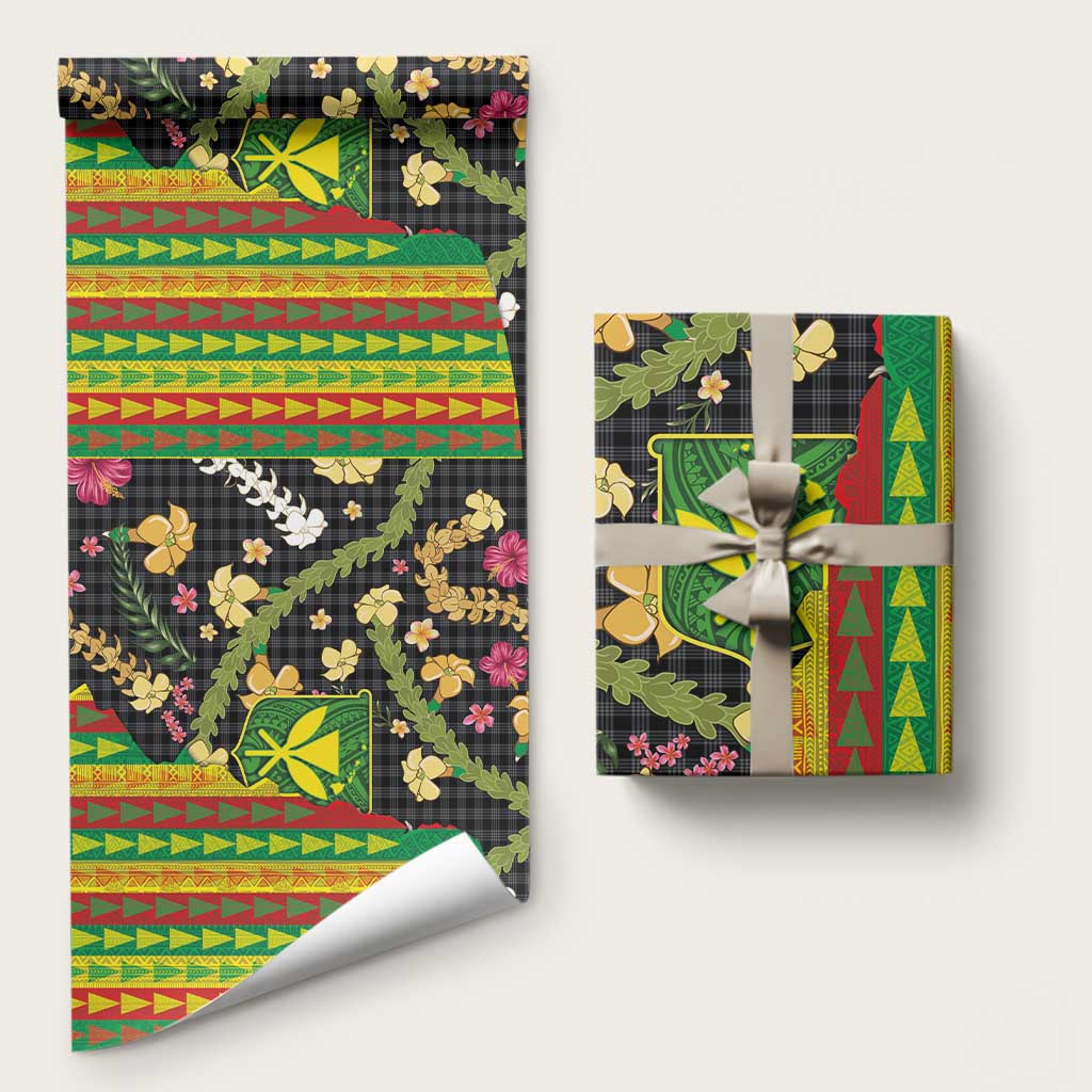 Hawaiian Tropical Plants Lei Wrapping Paper with Palaka Pattern and Kanaka Maoli Tribal Motifs - Polynesian Pride
